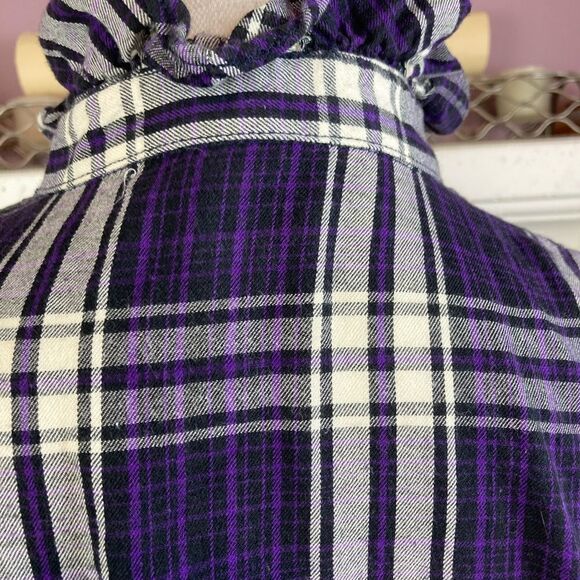 Lauren Ralph Lauren purple plaid flannel button down & up to neck, ruffled - Picture 7 of 10